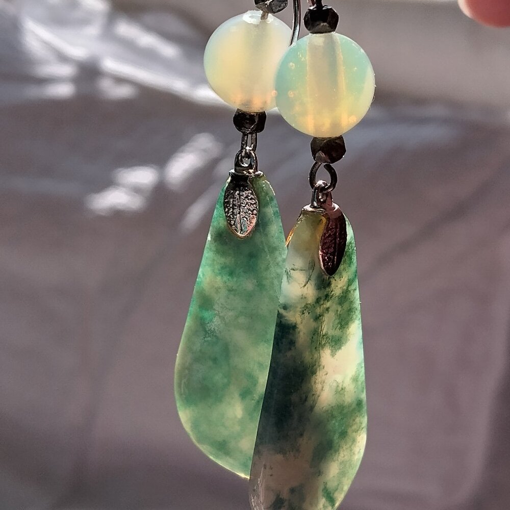 Earrings; natural green stone & moonstone, & sterling ear wires. Boho